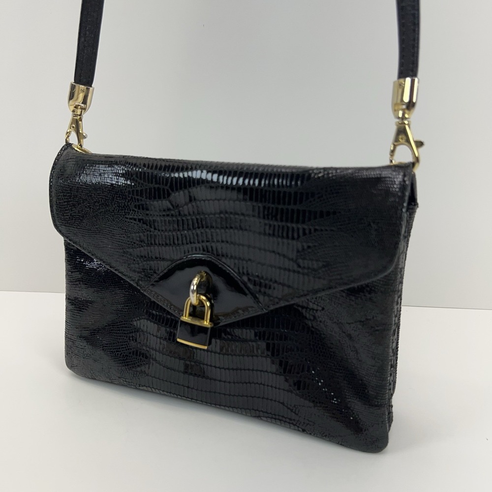 Vtg DUE FRATELLI Leather Purse Black Croc Embossed Crossbody Clutch Bag Classic - Picture 13 of 15